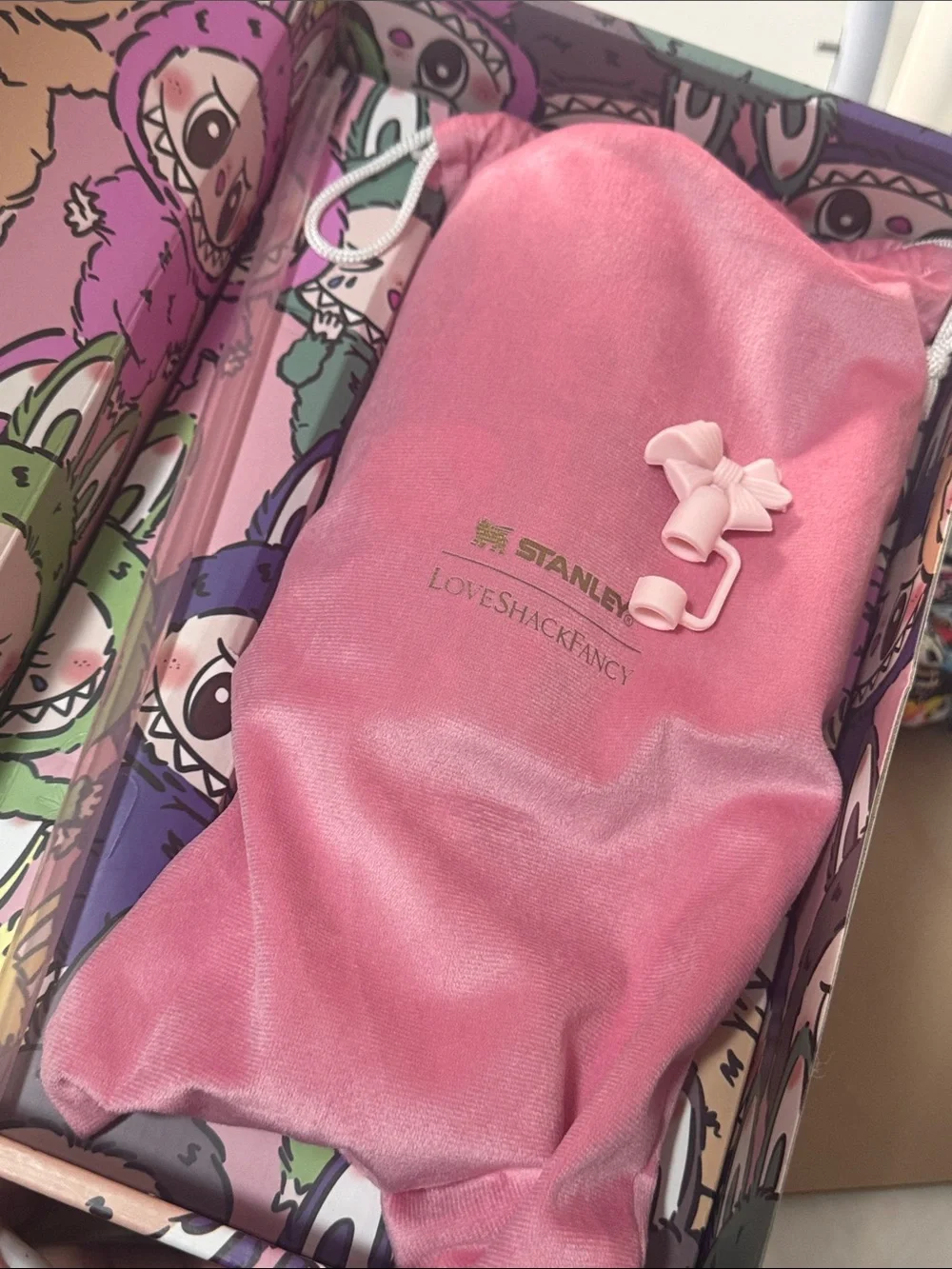 Stanley Pink LoveShackFancy Labubu Monsters NIB tumbler w dust bag, straw, box.